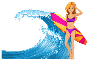 Woman and surfboard by the waves