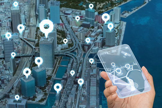futuristic transparent smart phone and location information system, abstract image visual