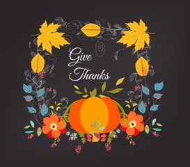 Obraz na płótnie Canvas Hand drawn thanksgiving greeting card with leaves, pumpkin