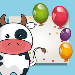 card with cute cow animal and ballons and party decorations. colorful design. vector illustration