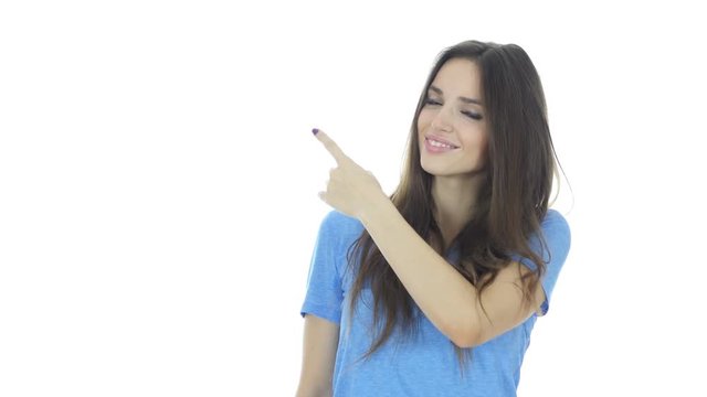 Woman Pointing Showing Direction Aside , White Background