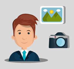 avatar man wearing suit and tie with photographic camera device and picture icon. colorful design. vector illustration