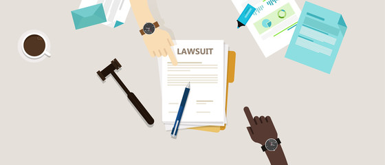 lawsuit paper hands pen gavel on desk - obrazy, fototapety, plakaty
