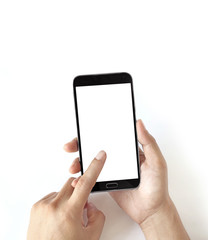 hand holding black phone isolated on white clipping path inside