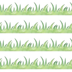 Seamless border with grass. Watercolor painting.  Element for design, Isolated on white