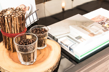 Decorate home with coffee beans on the table.
