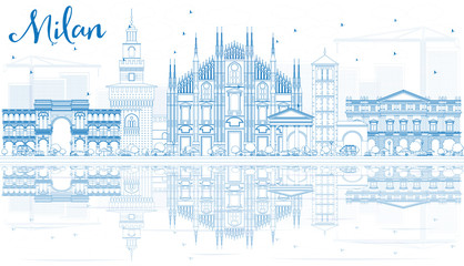 Naklejka premium Nakreśl panoramę Mediolanu z niebieskimi punktami orientacyjnymi i refleksami.