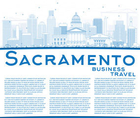 Outline Sacramento Skyline with Blue Buildings and Copy Space.