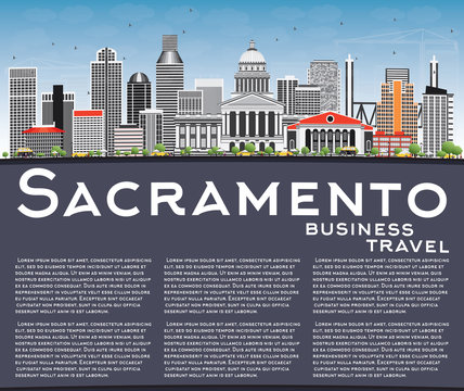 Sacramento Skyline with Gray Buildings, Blue Sky and Copy Space.