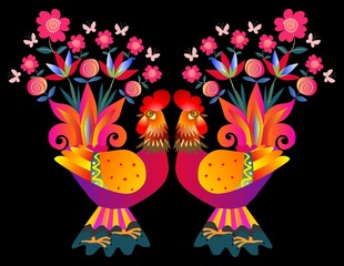 Two bright colorful cockerels - Vases with flowers. Beautiful card with bright birds on black background. Chinese symbol of 2017 - Year of the rooster.