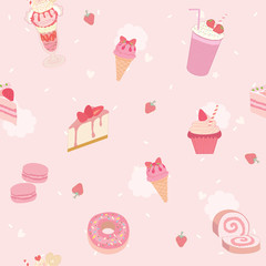 Strawberry flavour of sweet dessert menu into seamless pattern for restaurant and cafe shop.Pink pastel colors.Illustration vector.