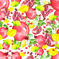 Watercolor vintage seamless pattern background with floral pattern, fruit, the figure shows a pomegranate, sprigs of lemon, citrus, berries.