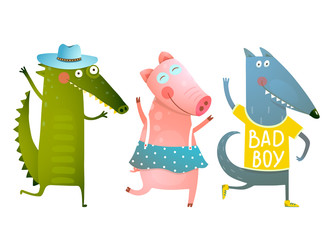 Cute Baby Animals Crocodile Pig Wolf Dancing Wearing Clothes