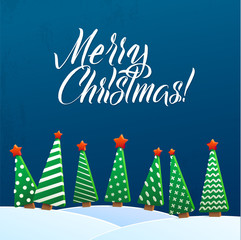 Fototapeta na wymiar Christmas Greeting Card. Merry Christmas lettering, vector illustration. Volume toys, Christmas trees and snowdrifts. Christmas decorations, greeting illustration