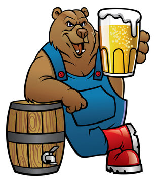 bear cartoon lean on the barrel and presenting the beer