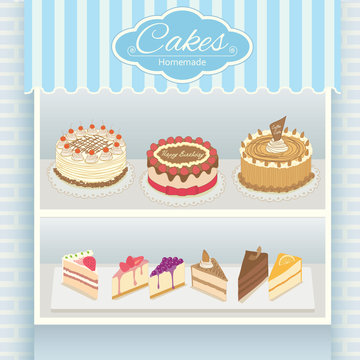 Illustration vector various cakes menu display on shelf in showcase of blue cafe shop.