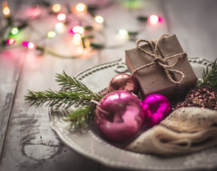 Christmas decorations, gift and bokeh