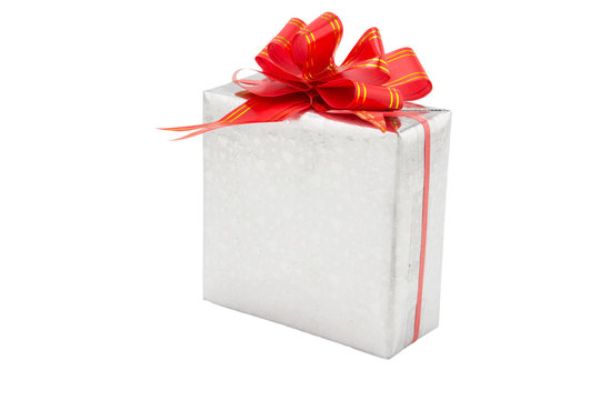 gift box with red ribbon on white background.