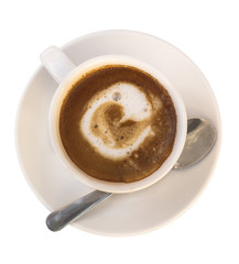 Coffee with milk, shot from above on white