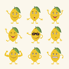 Vector set isolated funny lemon. Collection cute lemon in cartoon style.