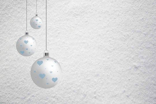Simple abstract fresh snow texture background with illustrated Christmas bulbs. Xmas and New Year greeting card with place for text.