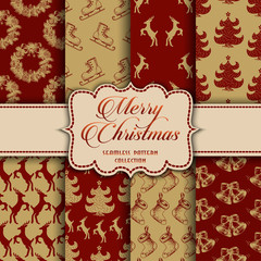 Christmas Collection of seamless patterns with red and golden colors