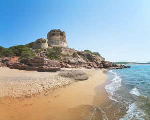 Ruins of Ancient Watchtower (Nuraghe) on the Hill over the Porto Ferro Beach near Alghero, Province of Sassari, Sardinia, Italy - obrazy, fototapety, plakaty