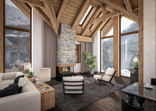 3D rendering of  living room of chalet