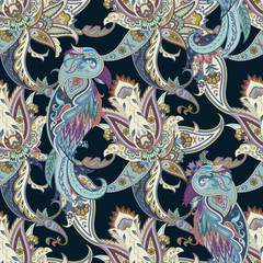 Seamless paisley pattern with birds. Stylized decoration print o