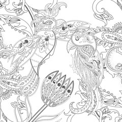 Fantasy biords on background with protea, paisley. Stylized parrot