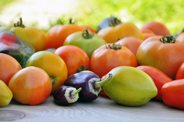 Crop of yellow and red tomatoes, cucumbers, sweet peppers on light wood surface. Side view, selective focus.