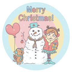 Cute winter cartoon with girl, snowman and little dog, celebrating Christmas while snowflakes are falling. Colorful Christmas illustration.