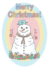Funny, cute snowman standing with gifts, all on colorful background, snowflakes falling. Colorful Christmas illustration with snowman.