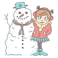 Cute, little girl in winter clothing hugging funny snowman. Vector cartoon of snowman and girl, isolated.