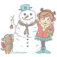 Snowman, girl and dog in winter clothing hugging each other and holding gifts.