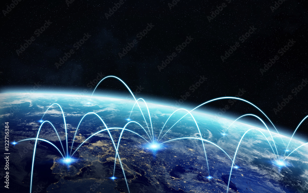 Poster global network and satellite data exchange 3d rendering elements