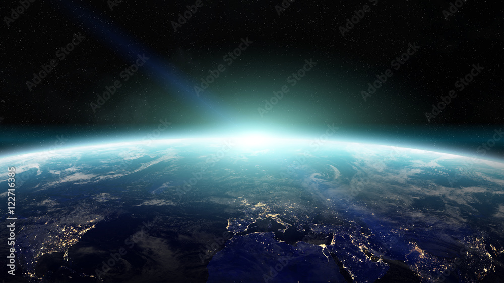Poster sunrise over planet earth in space 3d rendering elements of this