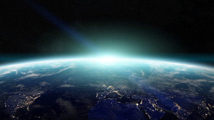 Naklejka premium Sunrise over planet Earth in space 3D rendering elements of this