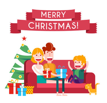 Family on a Sofa in Christmas. Isolated Flat Vector Illustration.