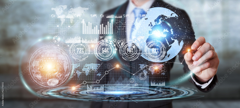 Poster Businessman using hologram screen with digital data