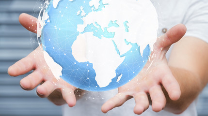 Businessman holding digital tactile world ‘3D rendering’