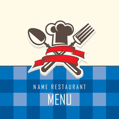 menu design with hat, fork and spoon on blue background
