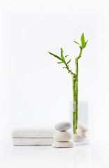 Spa decoration with stones, towel and bamboo in a vase on a white background