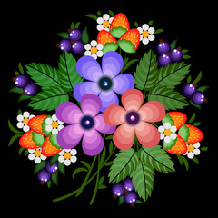 Decorative bouquet of flowers in the style of traditional Russian painting