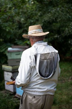 Beekeeper holding the beehive in wooden frame