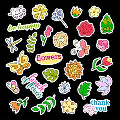 Fashion patch badges. Flowers set. Stickers, pins, patches and handwritten notes collection in cartoon 80s-90s comic style. Trend. Vector illustration isolated. Vector clip art.