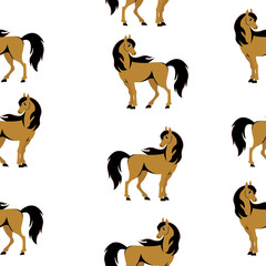 Seamless texture auburn horses stallions  illustration, isolated on white background