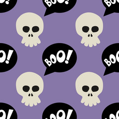 Icono plano patron burbuja BOO con caricatura craneo vista frontal sobre fondo violeta
