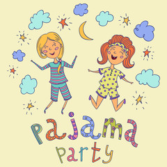 Pajama party. Funny kids and hand drawn lettering with stars, crescent and clouds. Cartoon characters. Vector illustration