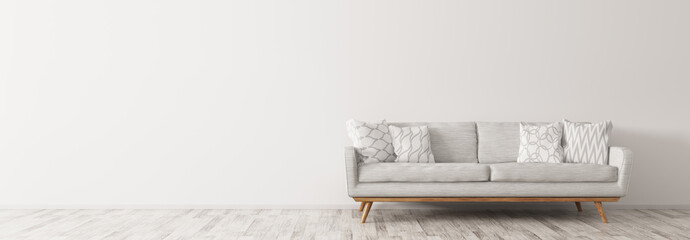 Modern interior with white sofa panorama 3d render - obrazy, fototapety, plakaty